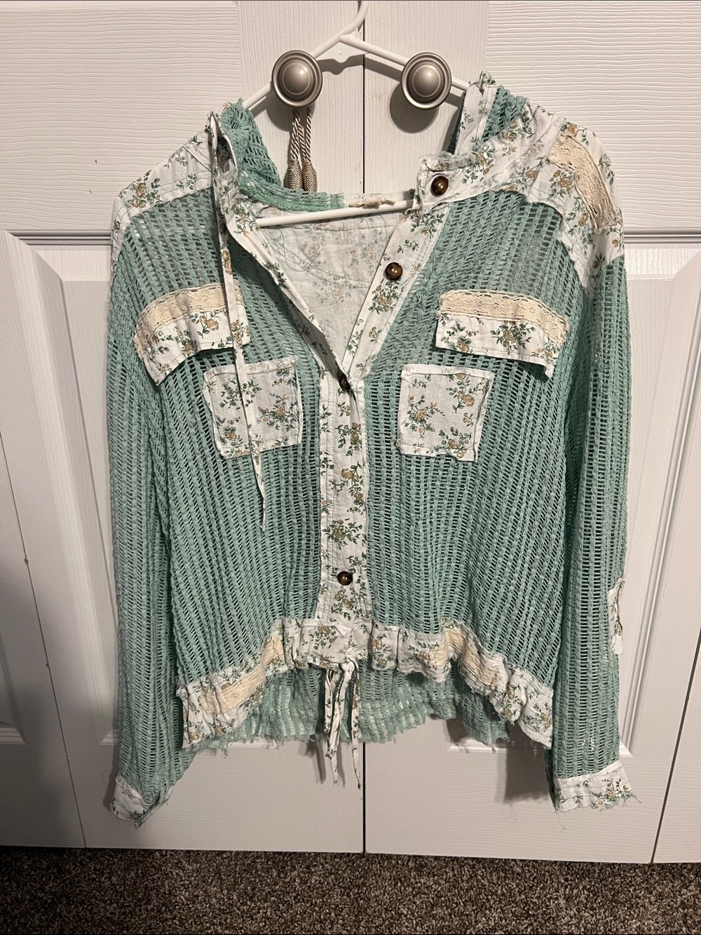 Light Sage Knit Hooded Shirt Jacket with Floral Trim